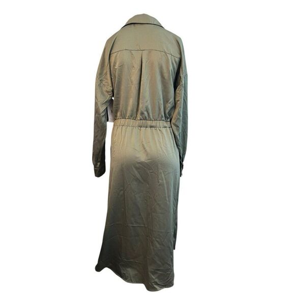 French Connection Large Olive Green Satin Knee Length Belted Shirt Dress NWT - Picture 2 of 5